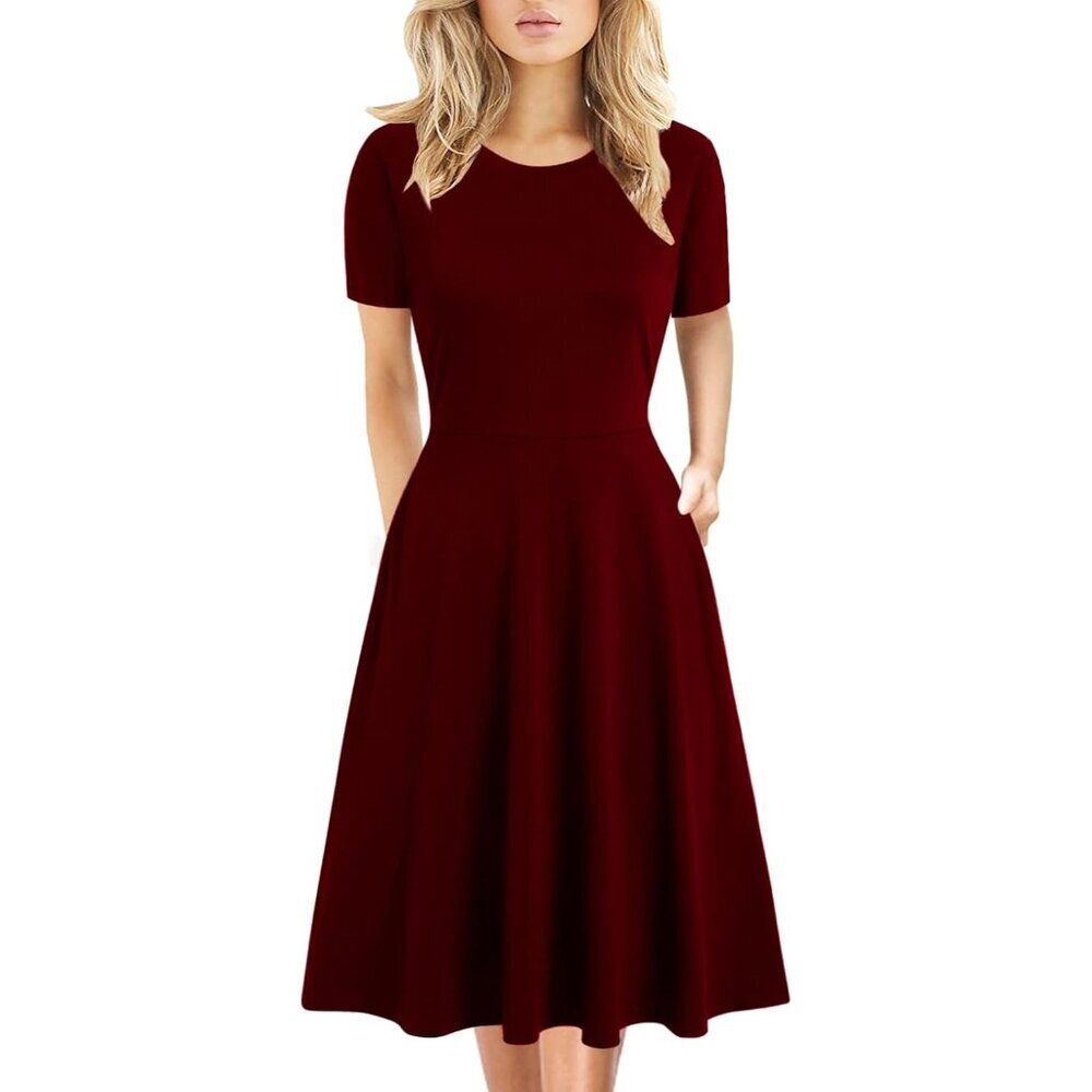 Women Burgundy-162 Elegant Knee Length Vintage A-Line Swing Dress with Pockets